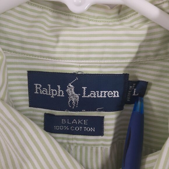 Ralph Lauren Mens L Large White Green Stripe Long Sleeve Blake Shirt Purple Pony - Picture 2 of 8